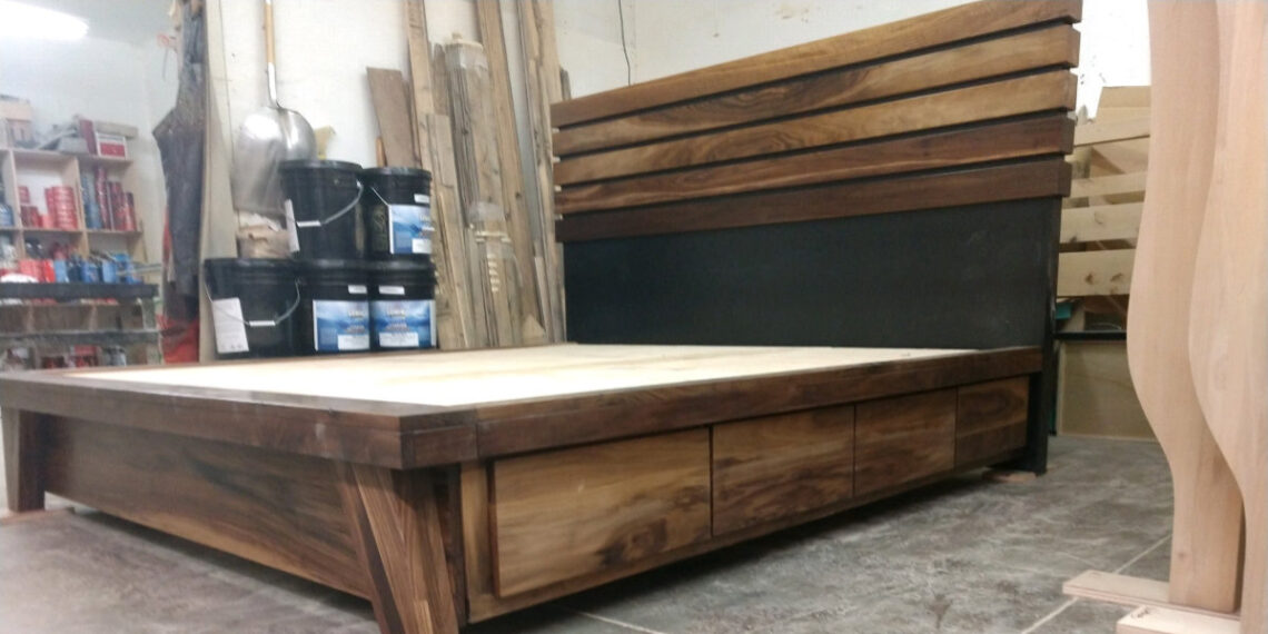 This stunning Black Walnut bed is shown right on the factory floor in Payette, ID. Available in all sizes, a variety of woods, many stain options and with or without storage.