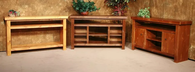 Console units built in different woods and stains